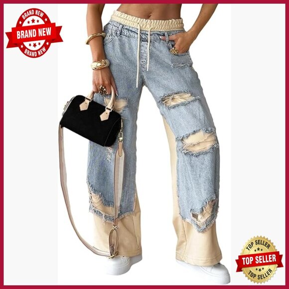 Pants - Wide Leg Patchwork Jeans Elastic Waist Distressed Denim Pants Sweatpants